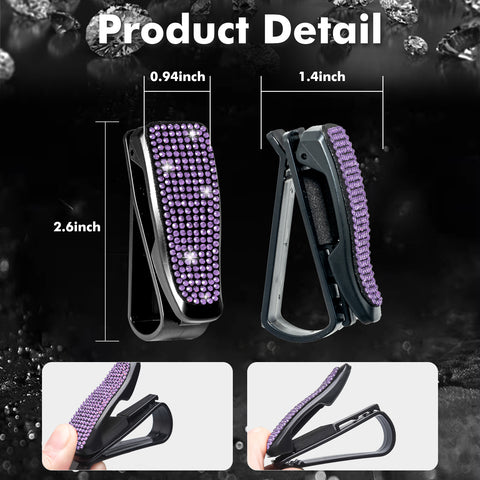 2PCS Universal Car Sun Visor Glasses Clip Rhinestone Sunglasses Cards Holder