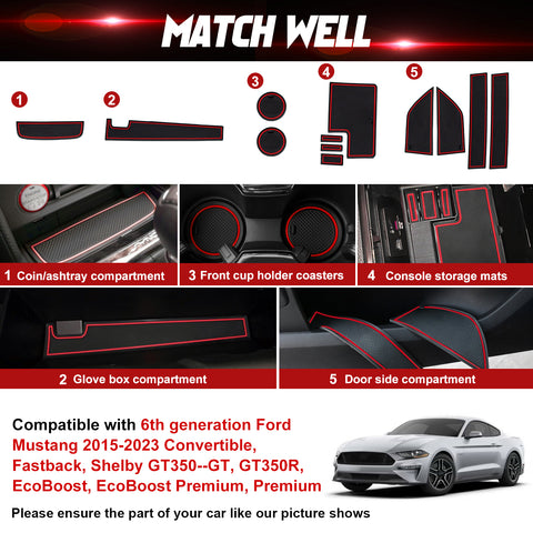 x xotic tech Door Slot Mat Compatible with Ford Mustang 2015-2023, Center Console Liner Organizer Non-Slip Cup Holder Insert Groove Door Pocket Pad Car Accessories