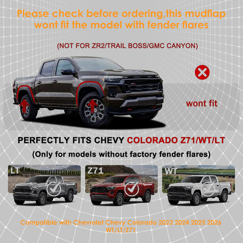 x xotic tech Mud Flaps Splash Guard Compatible with Chevrolet Colorado Z71/WT/LT 2023 2024 2025 2026 Front & Rear Mudguards Fender Flare Dirt Slush Trap Protector Set Pickup Truck Accessories(4PCS)