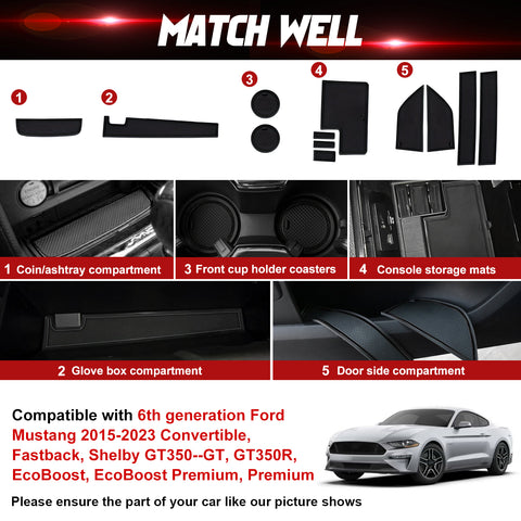 x xotic tech Door Slot Mat Compatible with Ford Mustang 2015-2023, Center Console Liner Organizer Non-Slip Cup Holder Insert Groove Door Pocket Pad Car Accessories