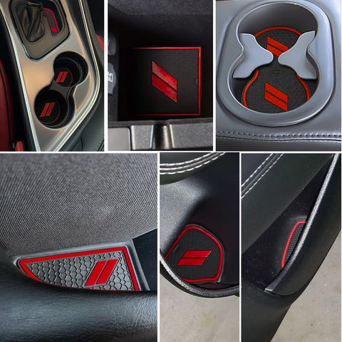 Car Anti-dust Mats Cup Holder Inserts, Door Pocket Center Console Liners Mat Custom Fits + Climate Control Knob Covers Accessories Compatible With Dodge Challenger 2015-2023 (Red, 14pcs)