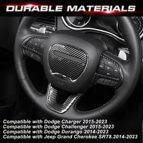Steering Wheel Surround Frame Cover Trim, Carbon Fiber Pattern, Compatible with Dodge Challenger Charger 2015-2023, Durango 2014-2023 or Jeep Grand Cherokee SRT8.2014-2023