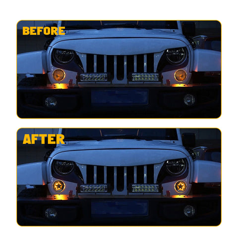 x xotic tech Smoked Lens Turn Signal Lights White Halo Ring DRL Amber LED Front Grill Indicator Parking Lights Lamp Assembly Replacement Compatible with Jeep Wrangler JK JKU 2007-2018