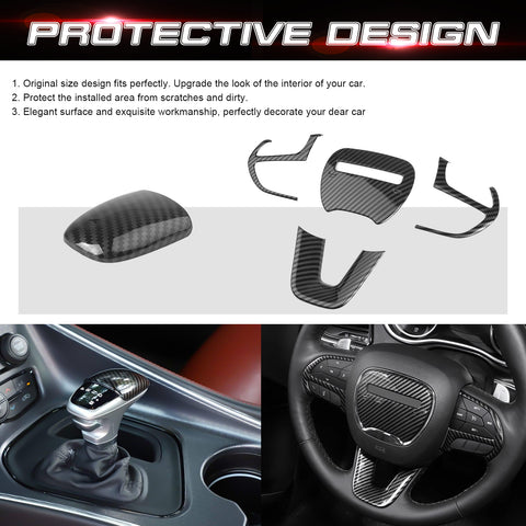 Gear Shift Knob + Steering Wheel Cover Trim, Carbon Fiber Pattern, Compatible with Dodge Challenger Charger 2015-2023