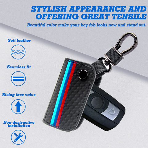 x xotic tech M-Colored Stripe Carbon Fiber Leather Remote Key Fob Cover Case Compatible with BMW Older 1 3 5 6 Series X3 X5 X6 Z4