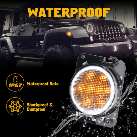 x xotic tech Smoked Lens Turn Signal Lights White Halo Ring DRL Amber LED Front Grill Indicator Parking Lights Lamp Assembly Replacement Compatible with Jeep Wrangler JK JKU 2007-2018