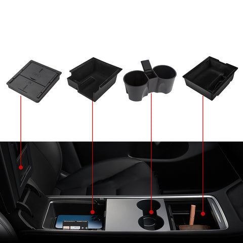 For Model 3 Y 2021-23 Console Armrest Storage Box Cup Holder Hidden Organizer 4X