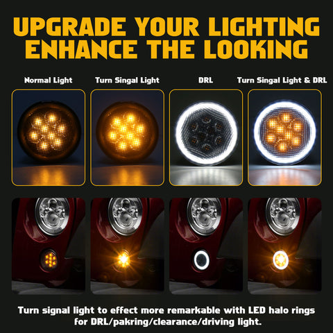 x xotic tech Smoked Lens Turn Signal Lights White Halo Ring DRL Amber LED Front Grill Indicator Parking Lights Lamp Assembly Replacement Compatible with Jeep Wrangler JK JKU 2007-2018