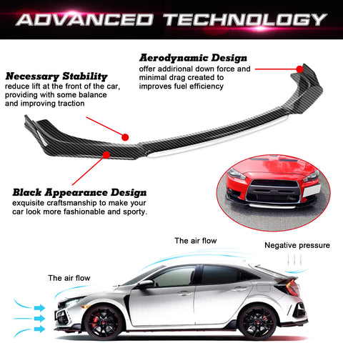 Front Bumper Lip Chin Spoiler+ 2M Side Skirt Winglets Diffusers+ Adjustable 10"-13" Support Rod Compatible with Honda Accord Civic or VW MK5 MK6 MK7 or Kia Optima, Carbon Fiber w/White