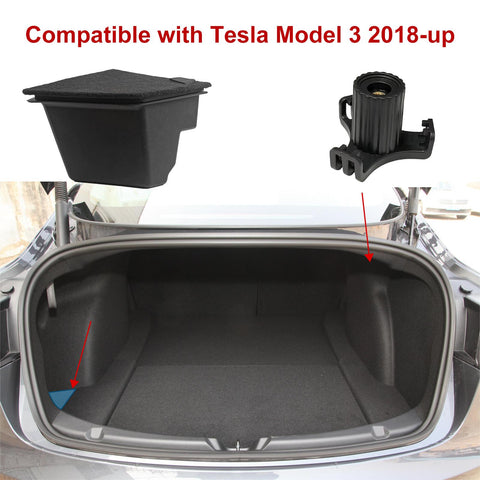 Rear Trunk Left Side Storage Bin Box Organizer Protector Packet w/Lids + Trunk Grocery Bag Organizer Holder Hanger Hook Kit Compatible with Tesla Model 3 2018-2023