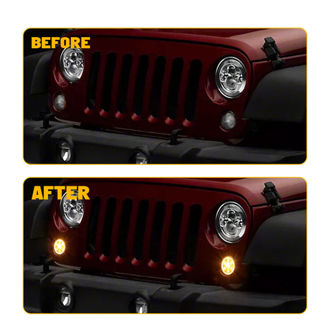 x xotic tech Smoked Lens Turn Signal Lights White Halo Ring DRL Amber LED Front Grill Indicator Parking Lights Lamp Assembly Replacement Compatible with Jeep Wrangler JK JKU 2007-2018