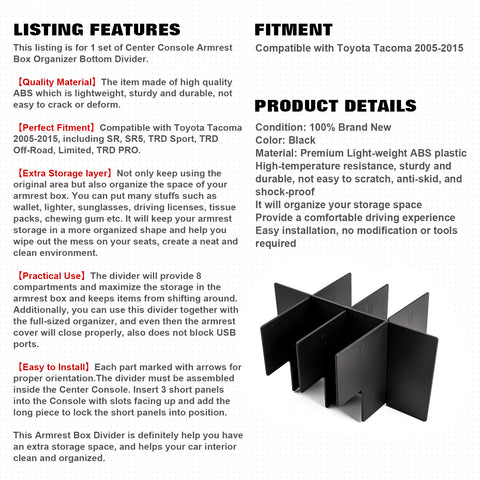 Interior Center Console Armrest Box Storage Container Holder Tray Organizer Divider, Compatible with Toyota Tacoma 2005-2015