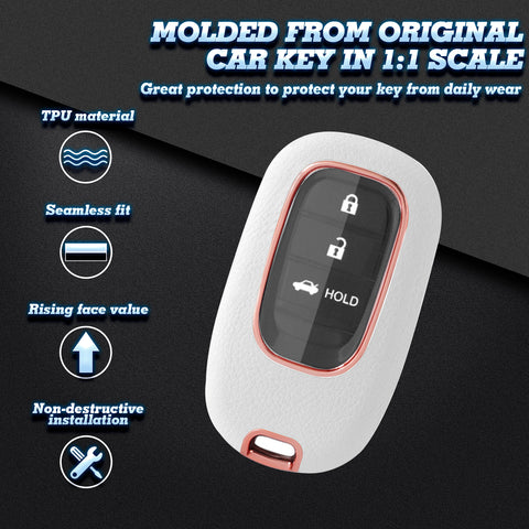 White TPU w/Leather Texture Full Protect Remote Key Fob w/Keychain For Honda Accord 2022+