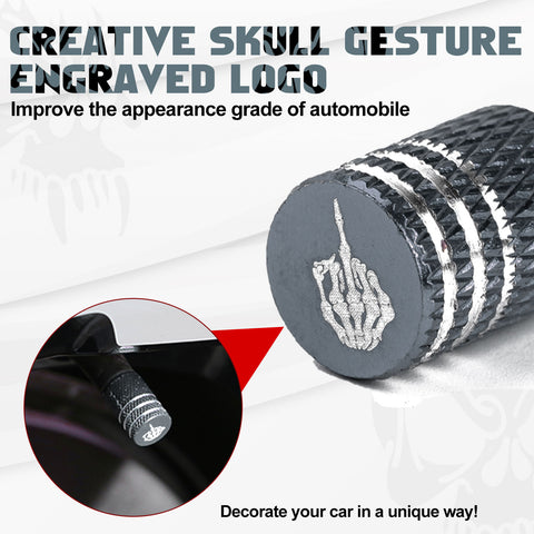 Xotic Tech Tire Valve Stem Caps 4 Pack Anodized Aluminum Tire Valve Cap Set, Corrosion Resistant Air Leakproof Universal Stem Covers for Cars Trucks Motorcycles SUVs and Bikes (Skull Middle Finger)