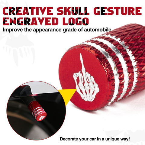 Xotic Tech Tire Valve Stem Caps 4 Pack Anodized Aluminum Tire Valve Cap Set, Corrosion Resistant Air Leakproof Universal Stem Covers for Cars Trucks Motorcycles SUVs and Bikes (Skull Middle Finger)