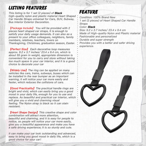 Xotic Tech 2 Pieces JDM Heart Shaped Car Handle Straps, Rear Bumper Warning Loops Heart-Shaped Ring for Cars, SUV, Subway, Bus Interior Exterior Decoration