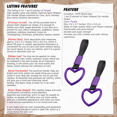 Xotic Tech 2 Pieces JDM Heart Shaped Car Handle Straps, Rear Bumper Warning Loops Heart-Shaped Ring for Cars, SUV, Subway, Bus Interior Exterior Decoration