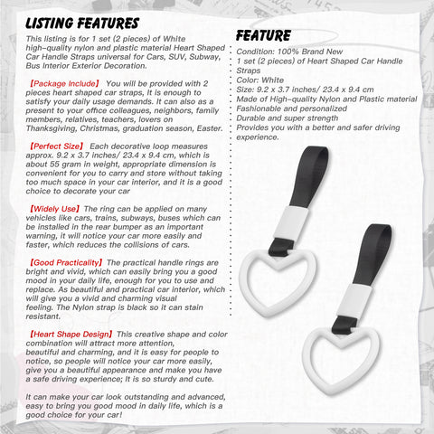 Xotic Tech 2 Pieces JDM Heart Shaped Car Handle Straps, Rear Bumper Warning Loops Heart-Shaped Ring for Cars, SUV, Subway, Bus Interior Exterior Decoration