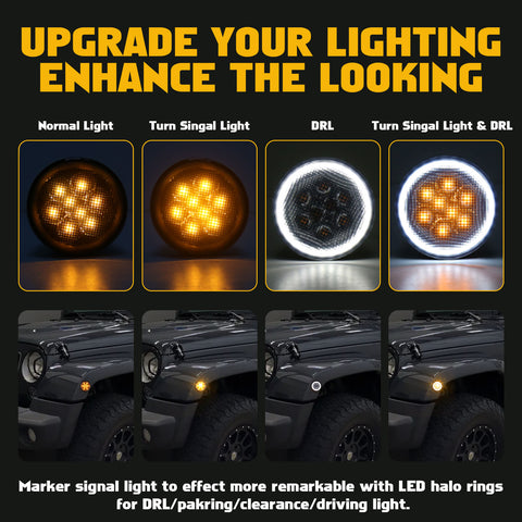 x xotic tech Smoked Lens Turn Signal Lights White Halo Ring DRL Amber LED Front Grill Indicator Parking Lights Lamp Assembly Replacement Compatible with Jeep Wrangler JK JKU 2007-2018