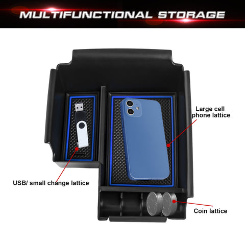 Center Console Armrest Box Secondary Storage Coin Holder Tray Organizer w/Blue Anti-Dust Mats + 2PCS Soft Car Cup Holder Coasters, Compatible with Kia Forte 2019-2023