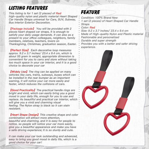 Xotic Tech 2 Pieces JDM Heart Shaped Car Handle Straps, Rear Bumper Warning Loops Heart-Shaped Ring for Cars, SUV, Subway, Bus Interior Exterior Decoration