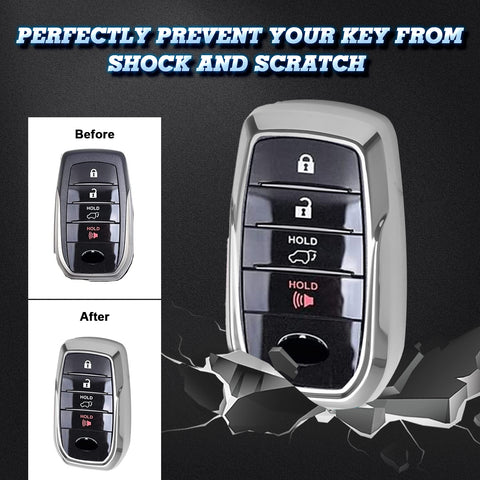 Soft TPU Key Fob Shell Full Cover Case w/Keychain, Compatible with Toyota Land Cruiser Sienna Venza Fortuner Rav4 Prime Smart Keyless Entry Key
