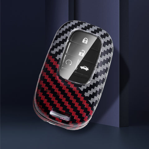 x xotic tech Glossy Black/Red Mix Color Carbon Fiber Texture Hard Plastic Key Fob Cover Case Compatible with Honda Civic Accord CR-V HR-V Pilot 2022-up Oval Shape