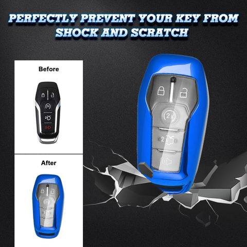 Blue Soft TPU Key Fob Shell Skin Cover w/Keychain, Compatible with Ford Fusion Mustang