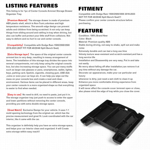 For Dodge RAM 1500/2500/3500 2019+ Armrest Storage Container Box Organizer Tray