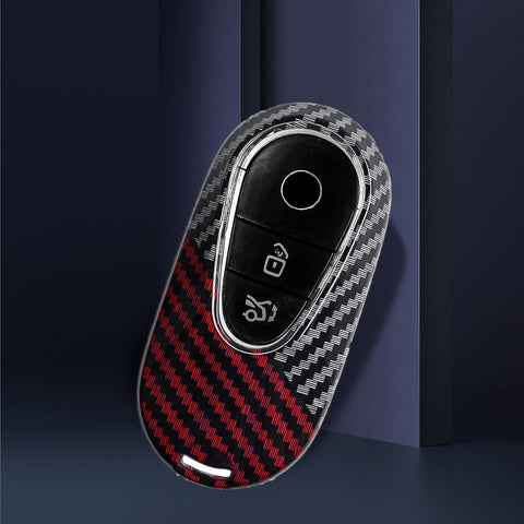 x xotic tech Glossy Black/Red Mix Color Carbon Fiber Texture Hard Plastic Key Fob Cover Case Compatible with Mercedes Benz W223 S Class, W206 C Class, X254 GLC Class, EQS EQE Gen4 Oval Shape