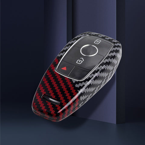 x xotic tech Glossy Black/Red Mix Color Carbon Fiber Texture Hard Plastic Key Fob Cover Case Compatible with E S G A C CLA CLS GLB GLC GLE GLS Class