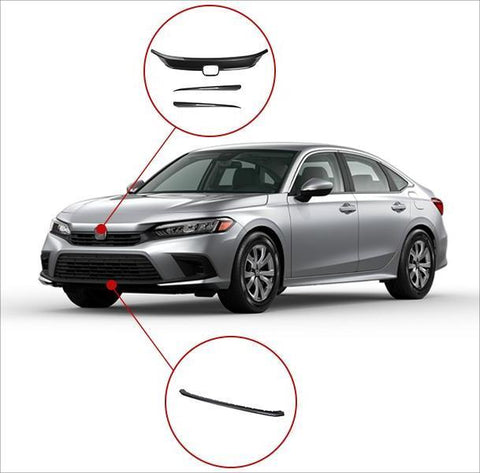 Set Carbon Fiber Style Front Upper Bumper Grille+Lip Cover For Honda Civic 22-up