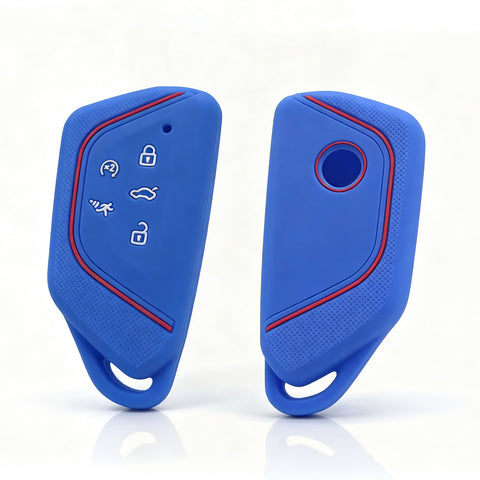 x xotic tech Sport Soft Silicone Smart Key Fob Cover with Red Blue Racing Stripe Compatible with VW Volkswagen Golf GTI/R MK8, ID.4, Atlas Cross Sport, 5-Button Matte Remote Protector Case