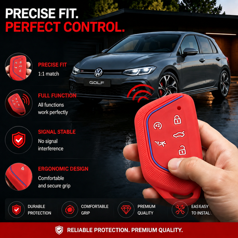 x xotic tech Sport Soft Silicone Smart Key Fob Cover with Red Blue Racing Stripe Compatible with VW Volkswagen Golf GTI/R MK8, ID.4, Atlas Cross Sport, 5-Button Matte Remote Protector Case