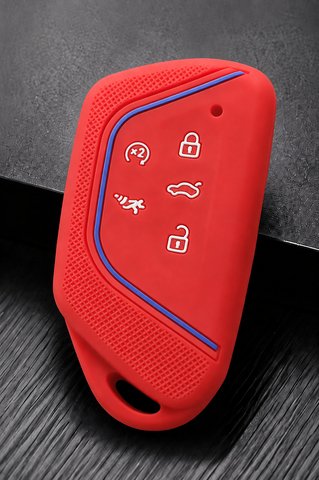 x xotic tech Sport Soft Silicone Smart Key Fob Cover with Red Blue Racing Stripe Compatible with VW Volkswagen Golf GTI/R MK8, ID.4, Atlas Cross Sport, 5-Button Matte Remote Protector Case