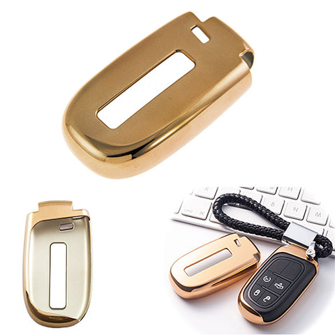 1x Glossy Gold TPU Smart Key Remote Keyless FOB Shell Case W/ Braided Keychain For Jeep Dodge Chrysler
