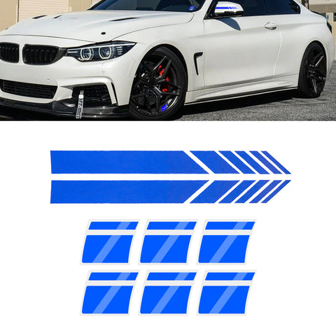 Auto Universal Fit Racing Style 4Pcs Front Hood Fender Double Hash Stripe Stickers + 6Pcs Reflective Wheels Rim Safety Warning Stickers+ 4Pcs Rearview Mirror Slash Mark Decals Set