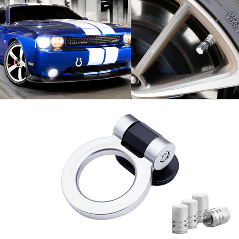 Set JDM Sport Style Tow Hook Ring Decoration+Tire Valve Stem Caps Universal Fit