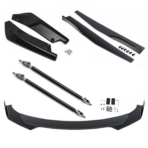 9Pcs Universal Fit Front Bumper Lip Chin Spoiler + Side Skirt Winglets Diffuser + Rear Bumper Canard Splitter Car Body Kits + Adjustable 10"-13" Support Rods
