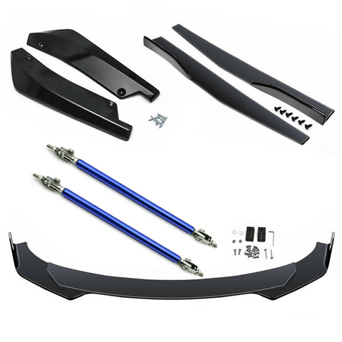 9Pcs Universal Fit Front Bumper Lip Chin Spoiler + Side Skirt Winglets Diffuser + Rear Bumper Canard Splitter Car Body Kits + Adjustable 10"-13" Support Rods