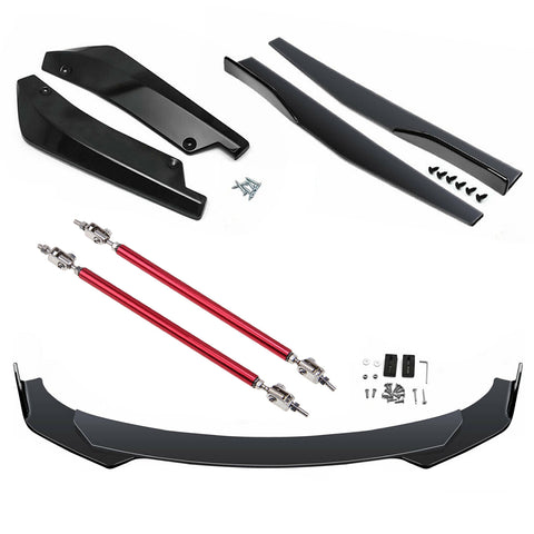 9Pcs Universal Fit Front Bumper Lip Chin Spoiler + Side Skirt Winglets Diffuser + Rear Bumper Canard Splitter Car Body Kits + Adjustable 10"-13" Support Rods