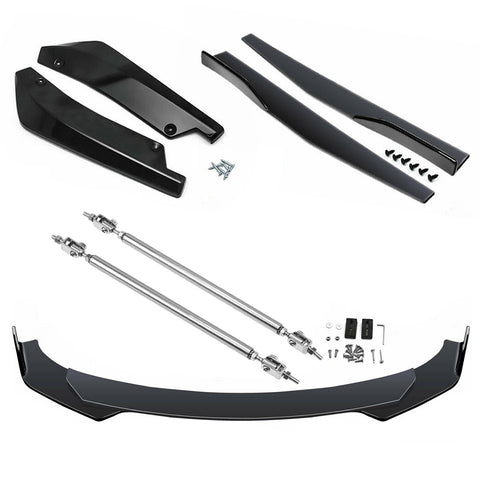 9Pcs Universal Fit Front Bumper Lip Chin Spoiler + Side Skirt Winglets Diffuser + Rear Bumper Canard Splitter Car Body Kits + Adjustable 10"-13" Support Rods