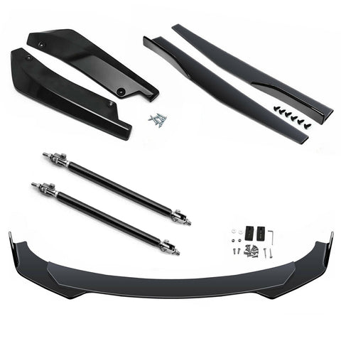 9Pcs Universal Fit Front Bumper Lip Chin Spoiler + Side Skirt Winglets Diffuser + Rear Bumper Canard Splitter Car Body Kits + Adjustable 8"-11" Support Rods