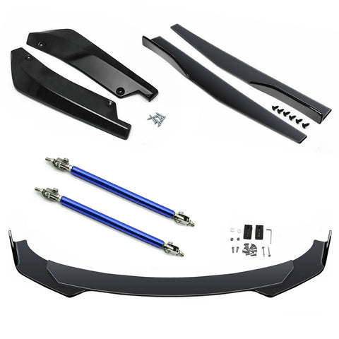 9Pcs Universal Fit Front Bumper Lip Chin Spoiler + Side Skirt Winglets Diffuser + Rear Bumper Canard Splitter Car Body Kits + Adjustable 8"-11" Support Rods