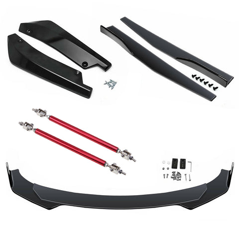 9Pcs Universal Fit Front Bumper Lip Chin Spoiler + Side Skirt Winglets Diffuser + Rear Bumper Canard Splitter Car Body Kits + Adjustable 8"-11" Support Rods