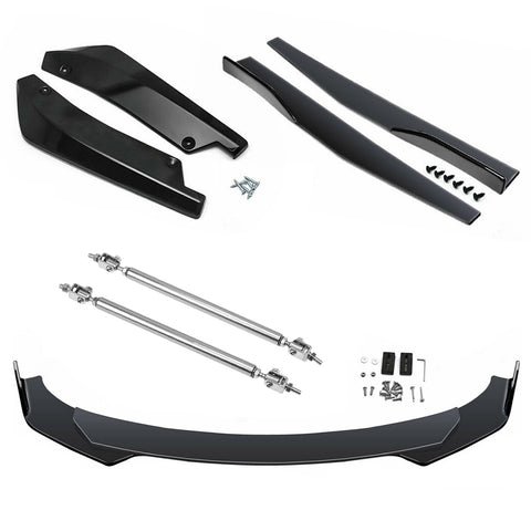 9Pcs Universal Fit Front Bumper Lip Chin Spoiler + Side Skirt Winglets Diffuser + Rear Bumper Canard Splitter Car Body Kits + Adjustable 8"-11" Support Rods