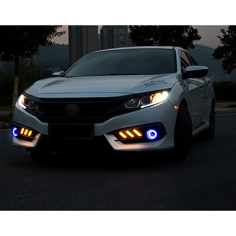 Honda Civic 2016 2017 LED Daytime Running DRL / Turn Signal Light Headlight Kit Mustang Style Fog Light Bezels, Dual Color Dual Funtion
