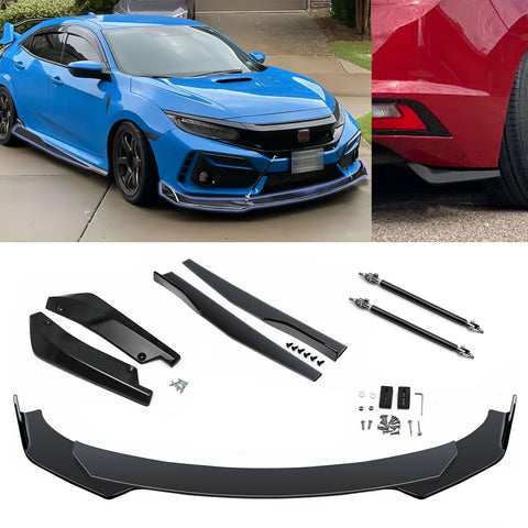 9Pcs Universal Fit Front Bumper Lip Chin Spoiler + Side Skirt Winglets Diffuser + Rear Bumper Canard Splitter Car Body Kits + Adjustable 10"-13" Support Rods