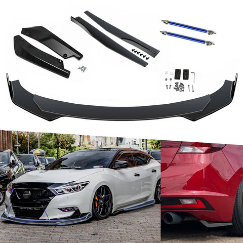 9Pcs Universal Fit Front Bumper Lip Chin Spoiler + Side Skirt Winglets Diffuser + Rear Bumper Canard Splitter Car Body Kits + Adjustable 10"-13" Support Rods
