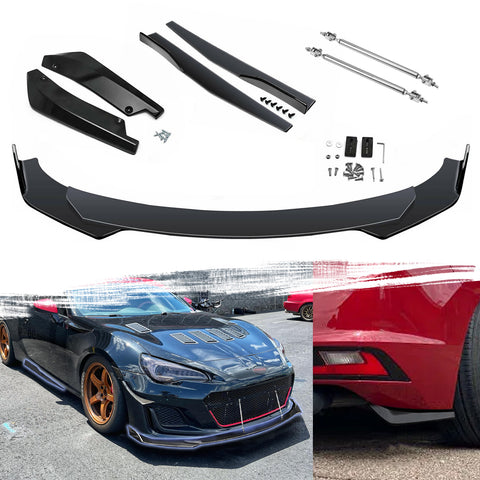 9Pcs Universal Fit Front Bumper Lip Chin Spoiler + Side Skirt Winglets Diffuser + Rear Bumper Canard Splitter Car Body Kits + Adjustable 10"-13" Support Rods